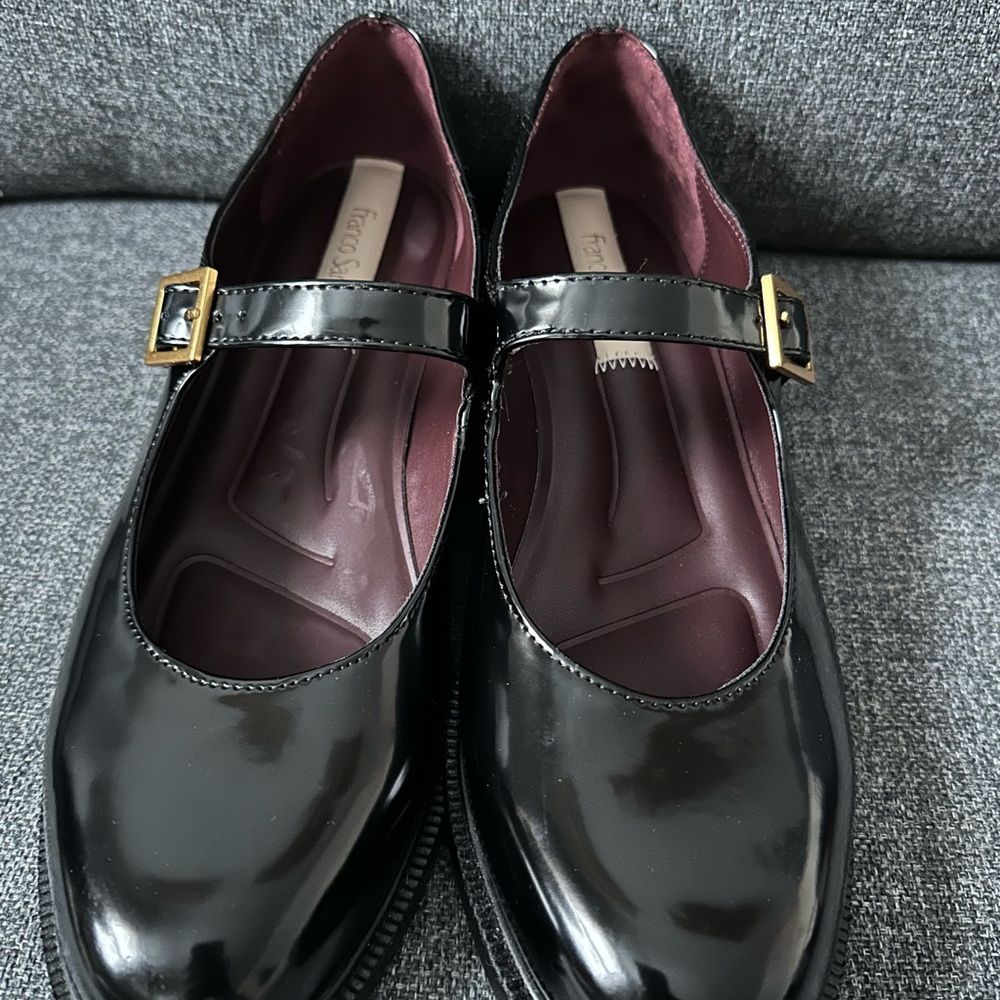 Franco Sarto Black Patent Mary Jane Flats with Gold Buckles